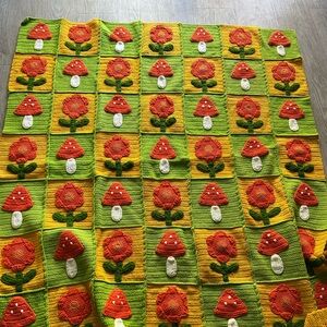 Gorgeous Handmade 60s Inspired Crochet Blanket with Flowers and Mushrooms
